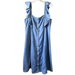 MADEWELL Denim Princess Seamed Midi Dress Sz 12 Ruffle Straps Buttons Chambray